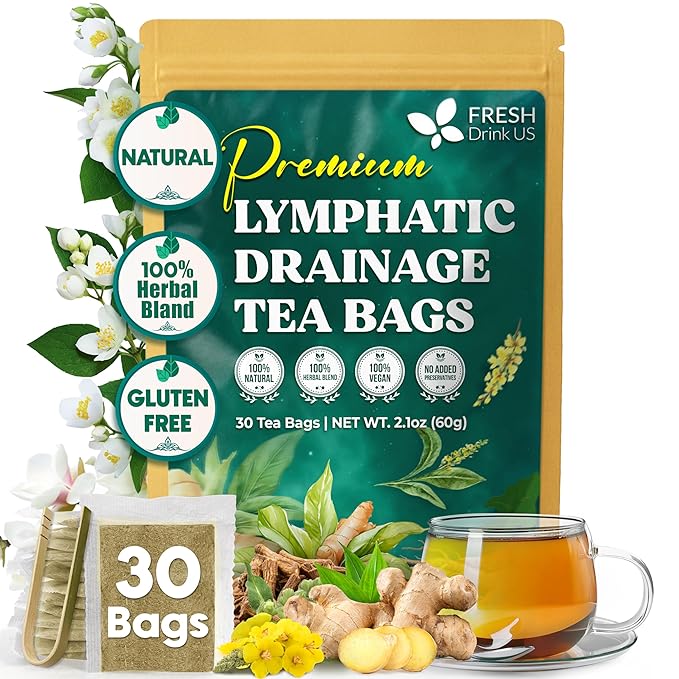 FreshDrinkUS, Lymphatic Drainage Tea | 30 Tea Bags | Herbal Tea Bags with Ginger, Dandelion Root, Burdock Root, Mullein, Calendula, Lemongrass, Rose, Licorice & Tulsi – Caffeine-Free Herbal Blend - Bloomnest