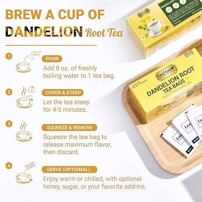 LeafLea Dandelion Root Tea Bags, 240 Count, Natural Dandelion Root Herbal Tea Blend, Supports Digestive and Immune Health, Caffeine-Free, Sugar-Free, Vegan, Gluten-Free, Pack of 6 - Bloomnest