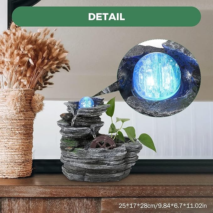 Tabletop Water Fountain,Environmental Resin Meditation Waterfall,Desktop Fountain with Waterwheel,Indoor Waterfall Feature with Crystal Ball and Light for Home Office Decor Relaxation 10X7X11in