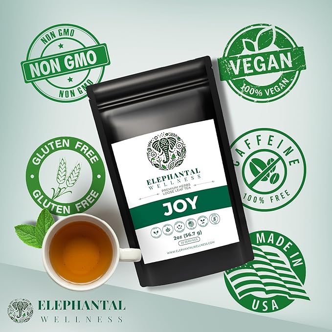 Elephantal Wellness Premium Joy Herbal Tea | Mood & Emotional Balance Support with St. John’s Wort, Kava, Ginkgo & Lavender | Handmade, Non-GMO, Caffeine-Free Loose Leaf Blend, 2oz, 20 Servings - Bloomnest