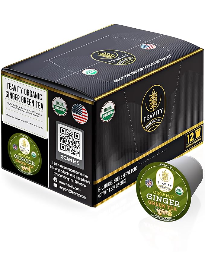 Green Tea & Ginger Tea Pods for Keurig - Caffeinated, Organic, Dye Free, Unsweetened, Herbal Blend for K Cup Machines - Hot or Iced (12 Tea Pods) - Bloomnest