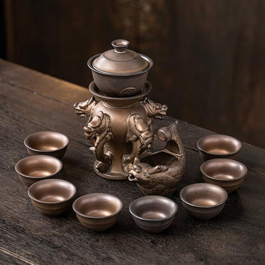 Kungfu Tea Sets Ceramic Teapot with Infuser Loose Leaf Tea Teapot with 8 cups (Antique Brass Dragons) - Bloomnest