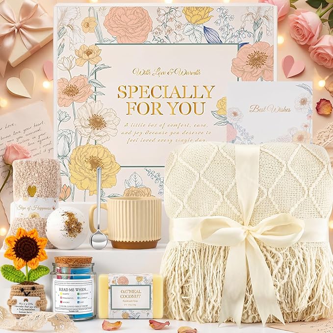 Get Well Soon Gifts Baskets for Women, Spa Self Care Gifts, Thinking of You Gift, Relaxing Sunflower Gift Basket for Her Friends Birthday Valentines Day Mothers Day Luxury Gifts, Beige - Bloomnest