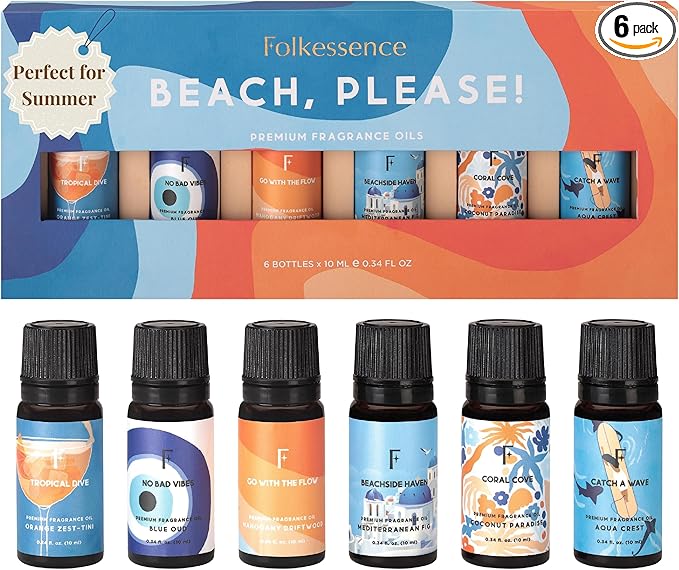 Folkulture Essential Oils for Home | Set of 6 (0.34 fl oz x 6) Beach Diffuser Oil for Relaxation | Coconut Essential Oil for Meditation | Aqua, Oud, Orange Zest Essential Oils for Women - Bloomnest