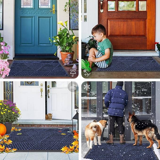 Smiry Front Door Mat Outside Entrance, Heavy Duty Sturdy Natural Rubber Doormat, Trap Dirt and Moisture, Easy Clean Low Profile Mats for Indoor Outdoor Entry, Irregular Triangle (47x32, Navy Blue) - Bloomnest