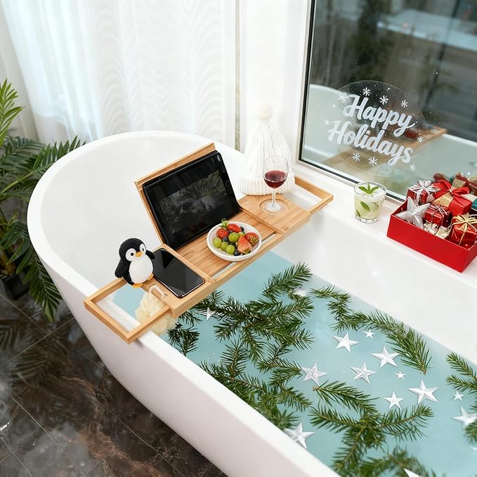 Utoplike Bamboo Bathtub Caddy Tray Bath Tray for Tub, Adjustable Bathroom Bathtub Organizer with Book Tablet Wine Glass Cup Towel Holder - Bloomnest