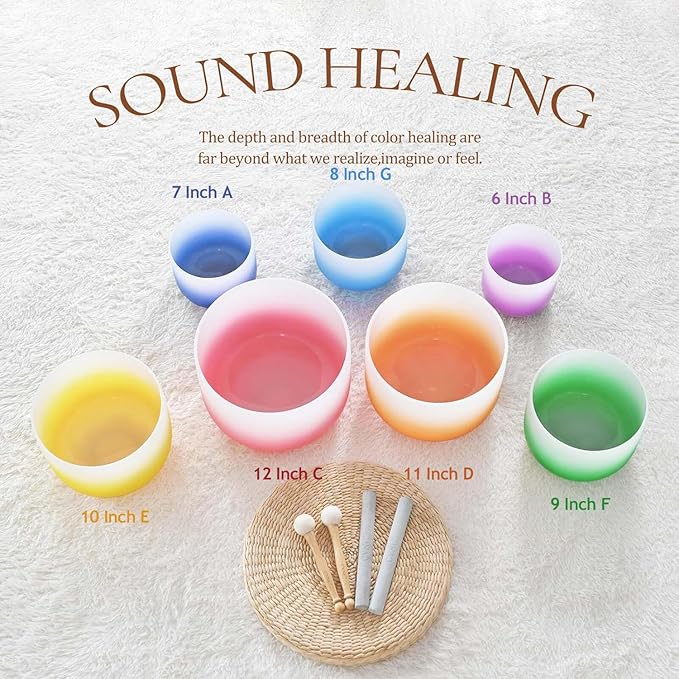 CVNC 432HZ 6-12 Inch Set of 7 PCS Aria Gradient Design Frosted Quartz Crystal Singing Bowls with 2 PCS Carry Case Bag for Sound Healing and Therapy Meditation - Bloomnest