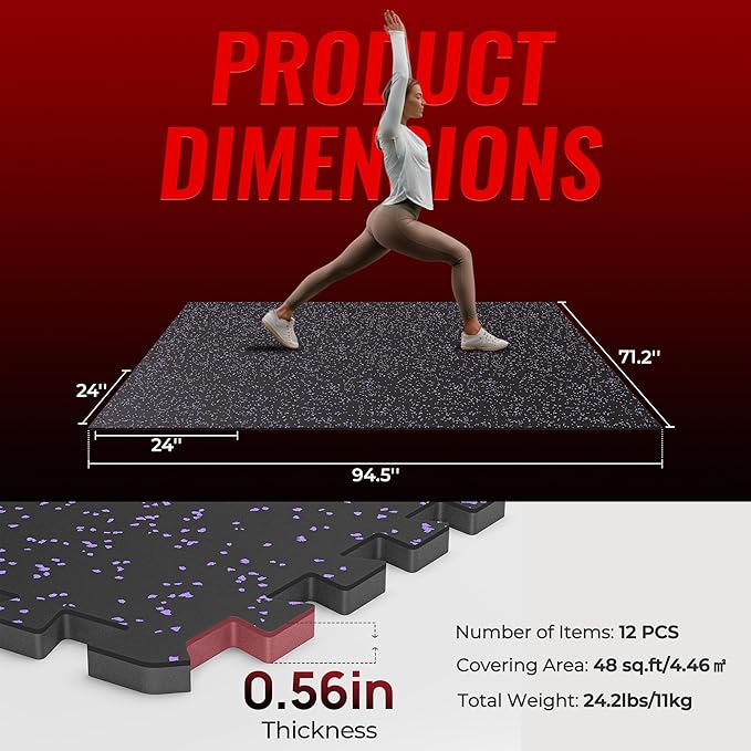 SUPERJARE 0.56'' Thick 12 Pcs 48 Sq Ft Rubber Top Exercise Equipment Mats, High Density EVA Foam Mats with Rubber Top, Interlocking Gym Flooring for Home Gym, Protective Workout Mat, Black/Purple - Bloomnest