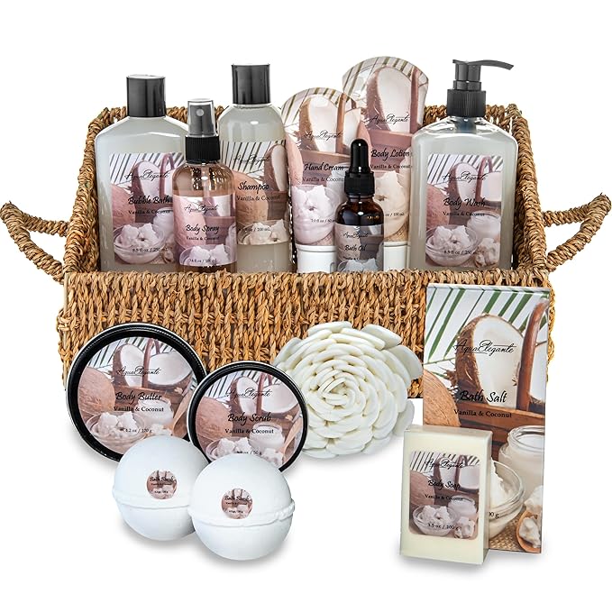 Bath Spa Gift Sets - Luxury Basket With Coconut & Vanilla - Spa Kit Includes Wash, Bubble Bath, Lotion, Bath Salts, Body Scrub, Shower Puff, Bathbombs, Soap and Towel - Bloomnest