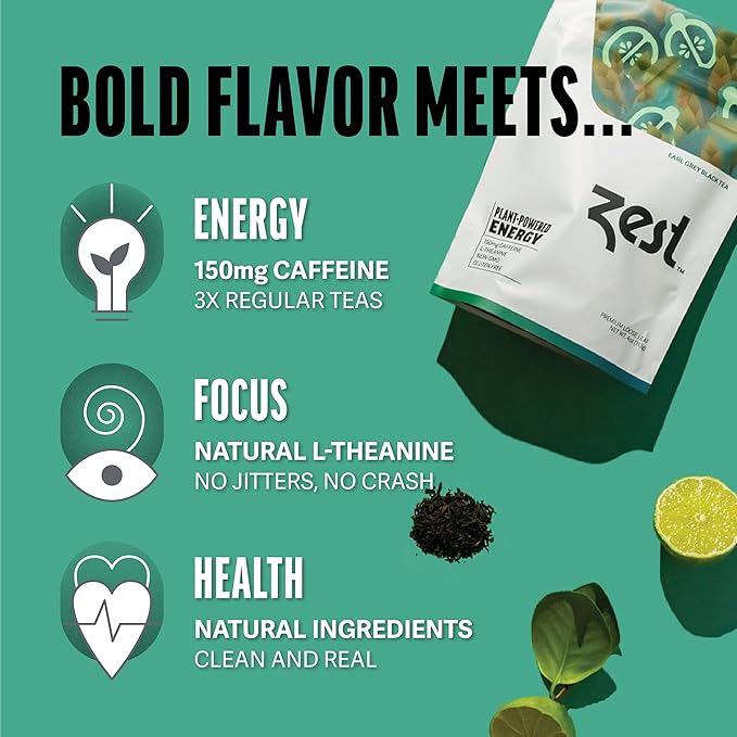 Zest 150mg High Caffeine Energy Loose Leaf Blend - Earl Grey Black Tea - 4 Oz - Hot or Iced - All Natural Strong Flavored Healthy Coffee Alternative Highly Caffeinated Substitute - Perfect for Keto - Bloomnest