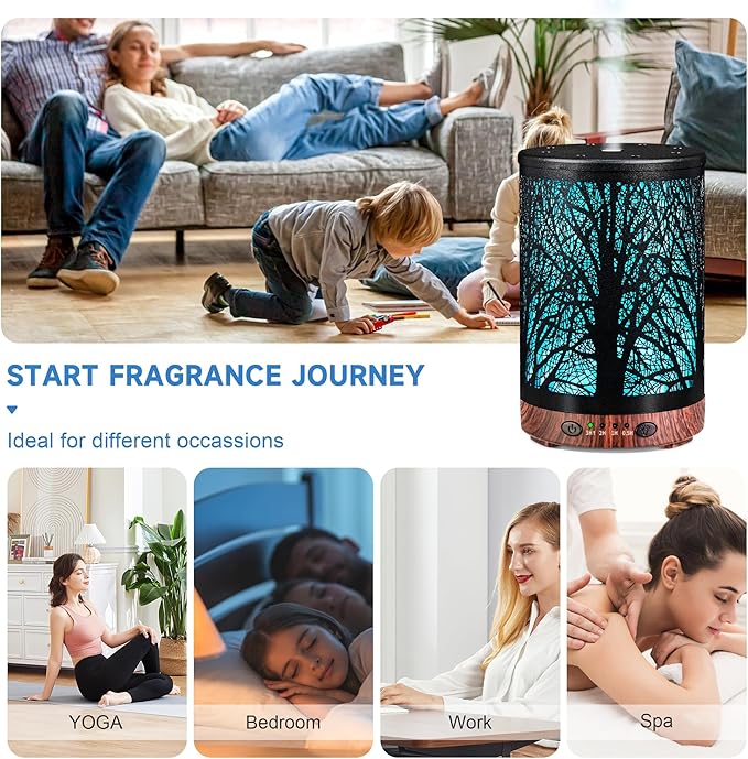 Essential Oil Diffuser 120ML Metal Aromatherapy Diffuser with Timer, Cool Mist Humidifier with Auto Shut-Off & 7 Color Lights for Home Office Spa (Tree) - Bloomnest