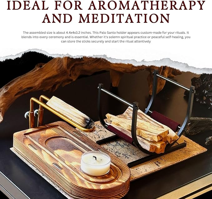 3-in-1 Palo Santo Holder & Burner – Wooden Base Sage Holder with Metal Frame for Palo Santo Sticks, Aromatherapy, Meditation & Smudging Rituals (3 in 1) Bloomnest