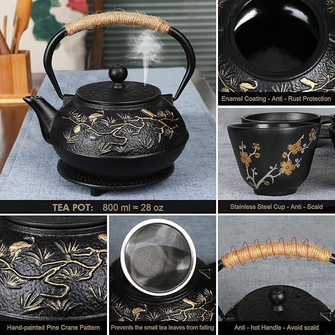 RekRang Longevity Crane Cast Iron Teapot, Japanese Style Tetsubin Tea Kettle with 4 Cups, Removable Infuser and Trivet, Antique Cast Iron Tea Set for Stove, 800ml, 28Ounce - Bloomnest