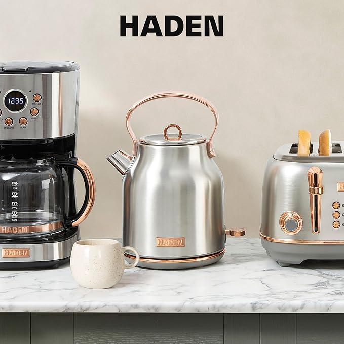 Haden Heritage 1.7 Liter Stainless Steel Electric Kettle, Hot Water Kettle with 360-Degree Base and Auto Shutoff, Steel & Copper - Bloomnest