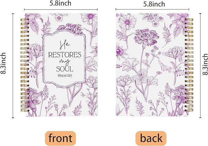 Christian Notebook for Women, Christian Art Gifts Journal, Prayer Journal for Women, Bible Journaling Notebook, PSALM 23:3 He Restores My Soul Floral Spiral Notebook 5.5x8.3 - Bloomnest