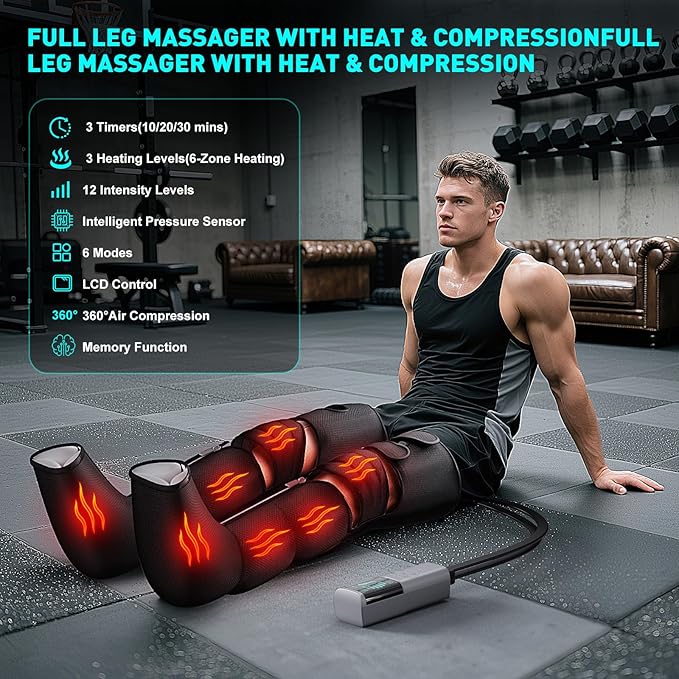 Leg Massager with Heat and Compression, Foot Massager for Circulation and Pain Relief, 3 Timers, 12 Intensity, 6 Modes,3 Heating with Knee Massager - Bloomnest