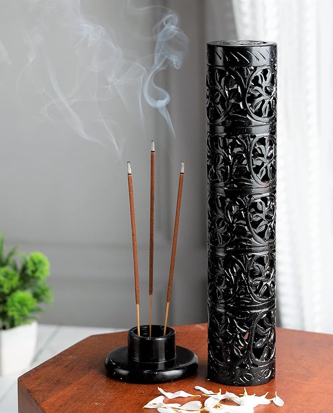 Crocon Handmade Black Marble Soapstone Incense Stick Burner Round Shape Elephant Tower Burner | Incense Cone & Candle Stick Holder | Decorative Home & Kitchen | Living Room Decor | Best Gift Set