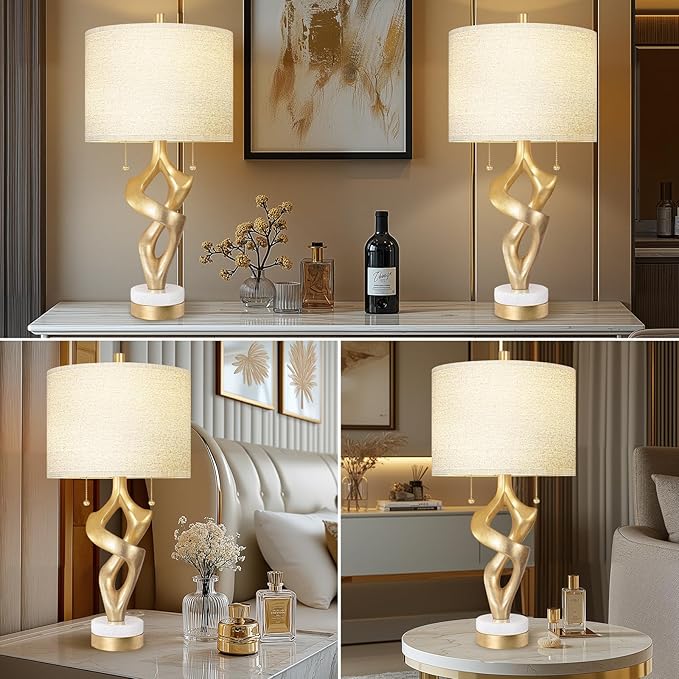 Scenekoy Sculptural Table Lamp Set of 2 with USB Ports for Bedroom Living Room, 26” Gold Leaf Marble Base Bedside Lamps, Pull Chains Switch Modern Nightstand Lamp for Home Room Decor (Bulbs Included) - Bloomnest