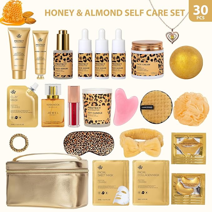 33 Pcs Valentines Day Gifts for Women, Honey & Almond Skin Care Kit, Spa Bath & Body Gift Set, Face Sheet Mask, Lip Gloss, Cosmetic Bag, Necklace, Christmas, Anniversary, Birthday - Bloomnest