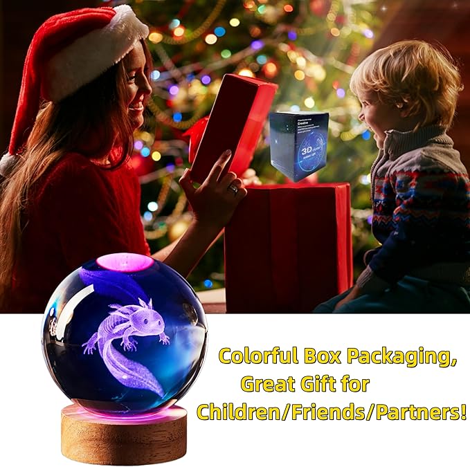 Axolotl Lamp,3.15 inch Axolotl Crystal Ball Lamp,Upgraded 3D K9 Axolotl Crystal Ball Night Light with Wooden Base,16 Colors Change with Remote Control, Axolotl Glass Ball Lamp,Axolotl Gift (E) - Bloomnest