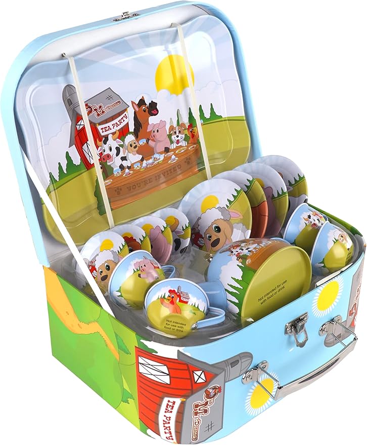 Regal Games Old Macdonald’s Tea Time - Barnyard Animal Designed Kid's Tea Time Set - Includes 1 Teapot, 4 Cups, 4 Saucers, 1 Platter & Storage Case - Ideal Birthday & Easter Gift for Ages 5+