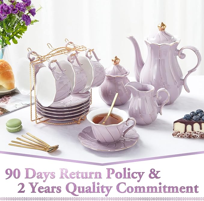 DUJUST 22 pcs Porcelain Tea Set for 6, Luxury British Style Tea/Coffee Cup Set with Golden Trim, Beautiful Tea Set for Women, Tea Party Set, Gift Package (With a Stand) - Purple - Bloomnest