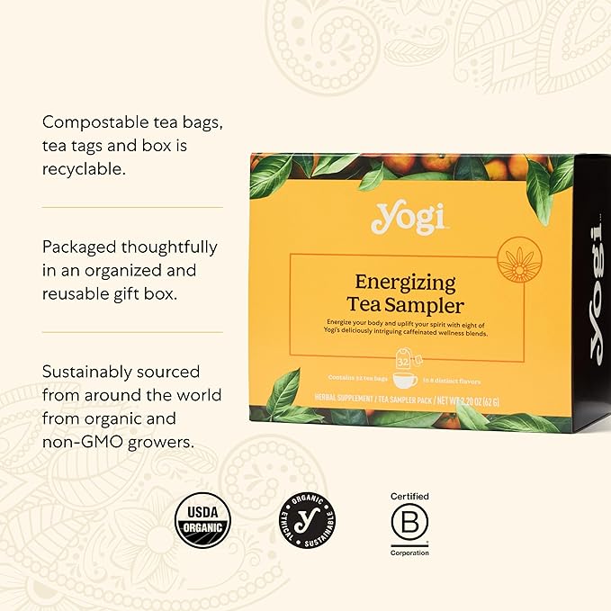 Yogi Organic Tea Energy Sampler Box (32 Tea Bags) - 8 Energizing Black & Green Teas - Contains Caffeine - Gift Set & Variety Pack - Bloomnest