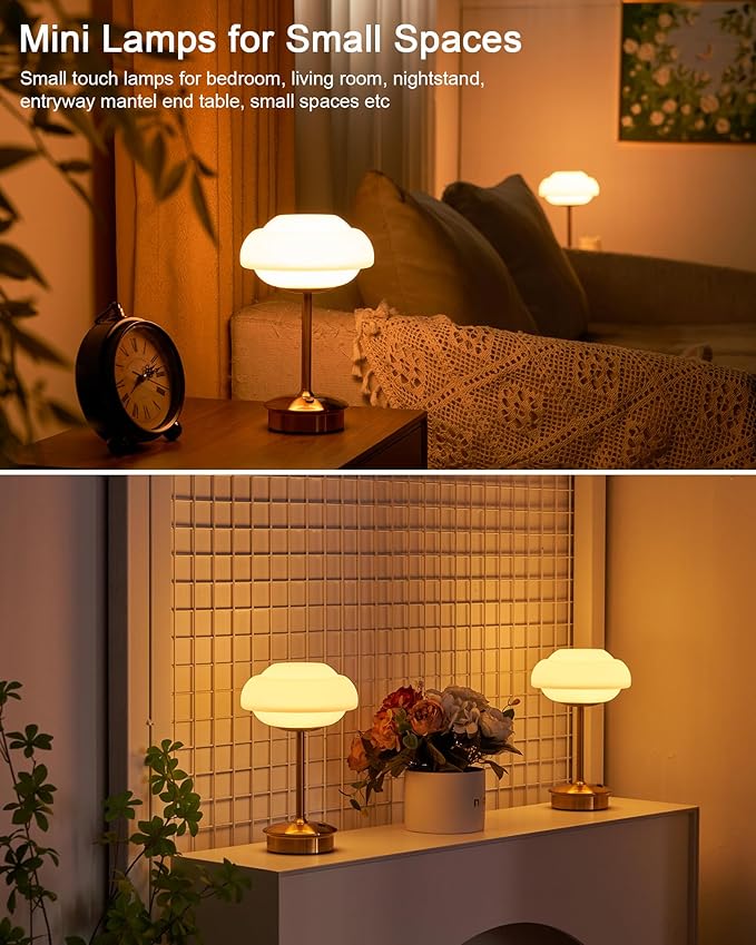 9" Mini Cordless Table Lamp with Cloud-Shaped, Small Rechargeable Battery Operated Lamps, 3-Way Touch Dimmer, Portable Brass Bedside Night Light for Restaurant Dining Kitchen Bathroom Patio Side Table - Bloomnest