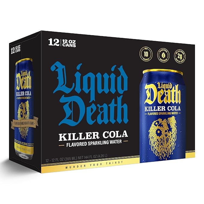 Liquid Death Soda-Flavored Sparkling Water - Killer Cola, Less Sugar*, Huge Flavor, No Caffeine, No Artificial Sweeteners, 12 Fl Oz (Pack of 12) - Bloomnest