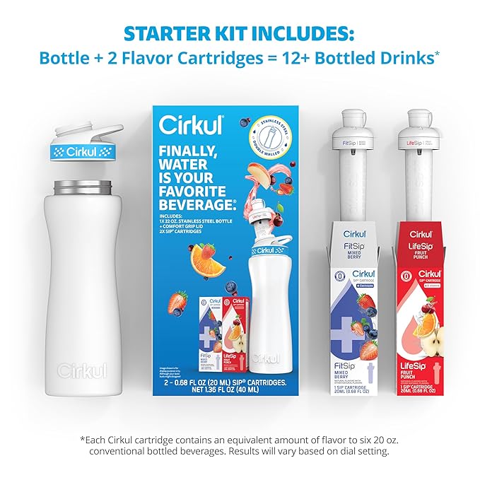 Cirkul 22oz. White Stainless Steel Water Bottle Starter Kit with Blue Lid, 2 Flavor Cartridges (1 LifeSip Fruit Punch and 1 FitSip Mixed Berry) No Sugar, Zero Calorie Drink Mix Cirkul
