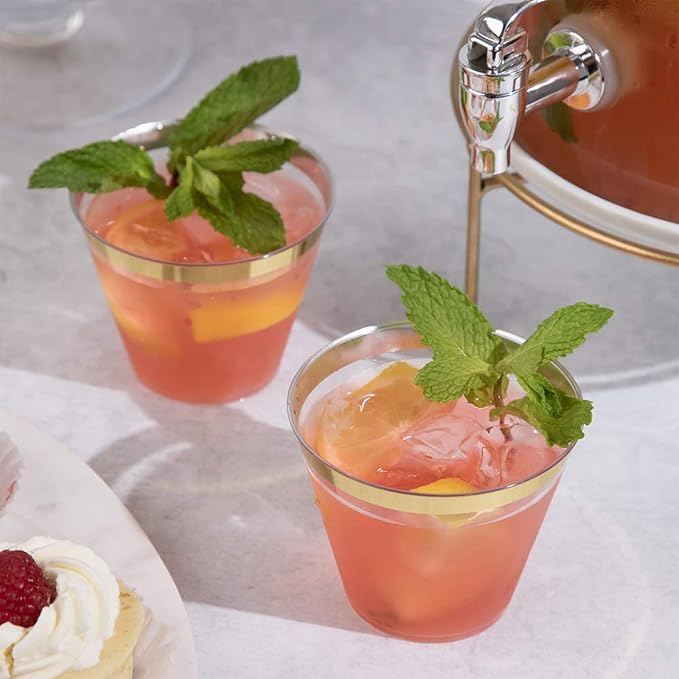 Prestee Hard Disposable Cups - Heavy Duty Fancy Plastic Cups - Plastic Cocktail Drinkware - Disposable Drinking Cup 9 oz - Bulk Drinking Glasses for Wedding - 200ct Gold Tumblers - Bloomnest