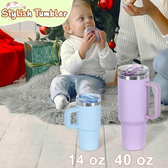 Cosictic 14 Oz Flip Straw Tumbler with Handle for Kids, Stainless Steel Double Wall Insulated Cup for Children with Flip Top Lid, 14 Oz Leak-proof Cups for Kids, Sky Blue and Pink - Bloomnest