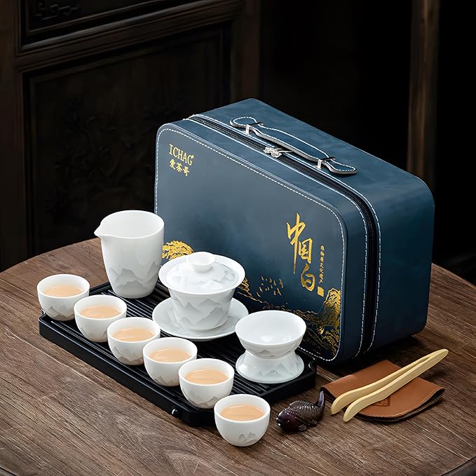 ICHAG Chinese Tea Set, Gongfu Tea Sets for Adults, China Gaiwan Teaset, 14-Piece Yangzhi Jade (茶具) Porcelain Set with Suspended Gaiwan & Tea Pet, Portable Travel Teaset for Home, Outdoor, Office Gifts - Bloomnest