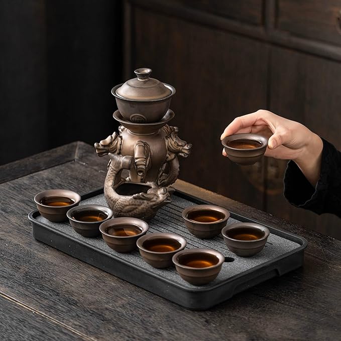 Kungfu Tea Sets Ceramic Teapot with Infuser Loose Leaf Tea Teapot with 8 cups (Antique Brass Dragons) - Bloomnest