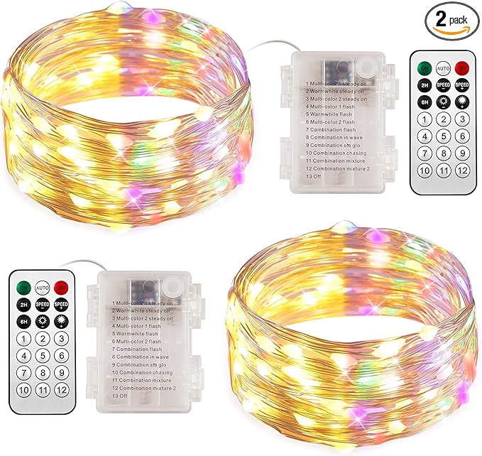 2 Packs Warm White & Multi-Color Battery Operated String Lights, 5M/16.4ft. 50 LEDs Remote Control Timer 12 Modes Optional Twinkle Battery Powered Fairy Lights Sliver Wire Firefly Lights - Bloomnest