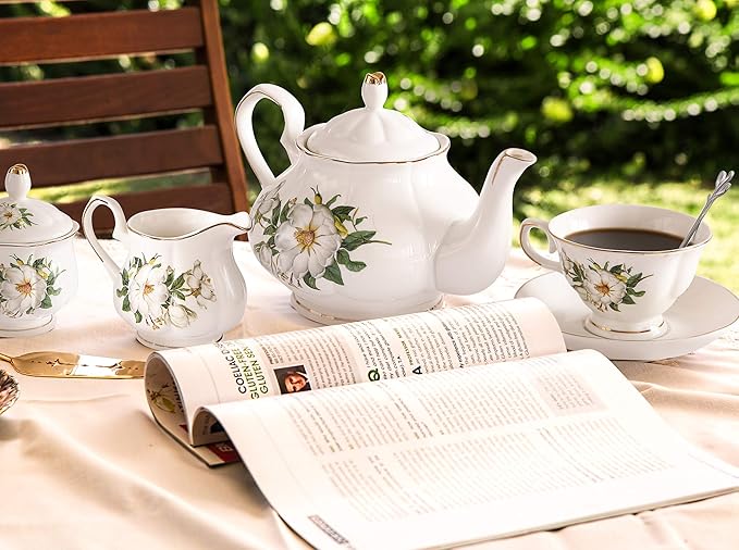 CHENP.HMC Porcelain Tea Set Tea Cup Set 22-Piece Porcelain Ceramic Coffee Tea Gift Sets Cups Saucer Service for 6 Teapot Sugar Bowl Creamer Pitcher and Teaspoons tea pot sets(Camellia) - Bloomnest