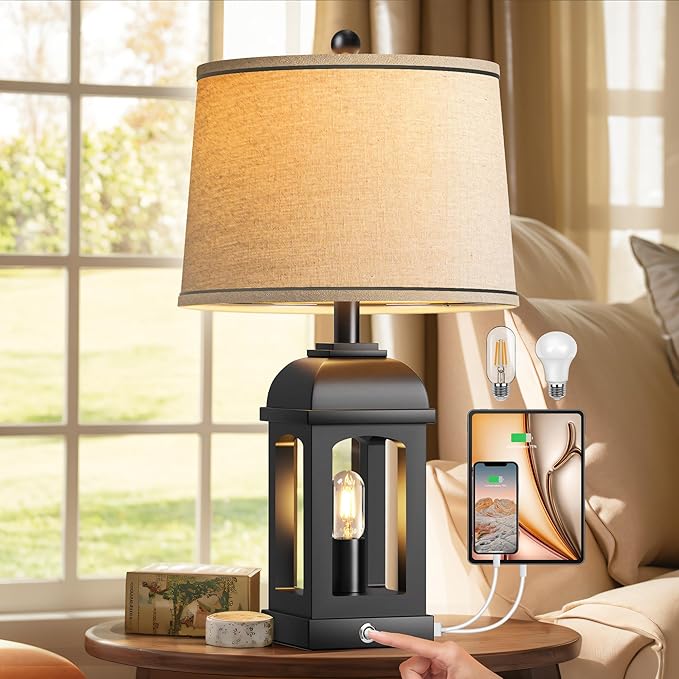 QiMH Table Lamp for Living Room, Farmhouse Lamps with USB A+C and Nightlight, 26" Rustic Bedside Lamps with 3-Way Dimmable Touch Control, Nightstand Lamp for Bedroom, Black, 1 Pack - Bloomnest