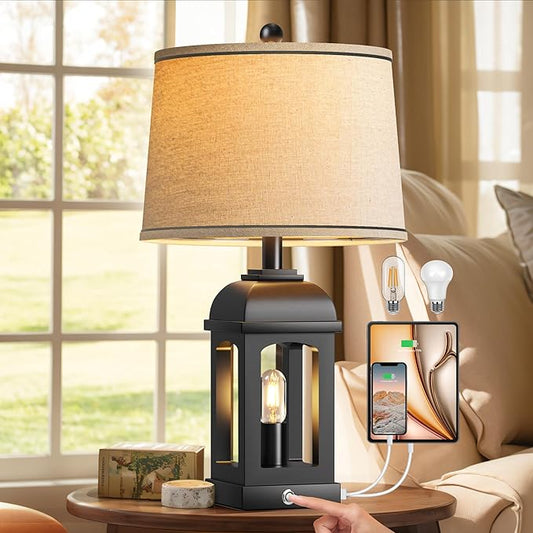 QiMH Table Lamp for Living Room, Farmhouse Lamps with USB A+C and Nightlight, 26" Rustic Bedside Lamps with 3-Way Dimmable Touch Control, Nightstand Lamp for Bedroom, Black, 1 Pack - Bloomnest