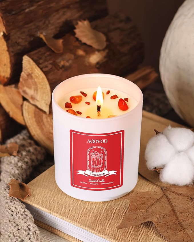 AOOVOO Cinnamon Scented Candles for Women - Aromatherapy Candle with Crystals Inside, 10oz Soy Candles for Home Scented, Birthday Gifts Christmas Candle for Women Mom - Bloomnest