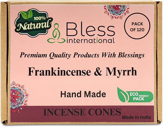 Bless International Frankincense-and-Myrrh 100%-Natural-Incense-Cones Handmade-Hand-Dipped Organic-Chemicals-Free for-Purification-Relaxation-Positivity-Yoga-Meditation The-Best-scents (120 Count)