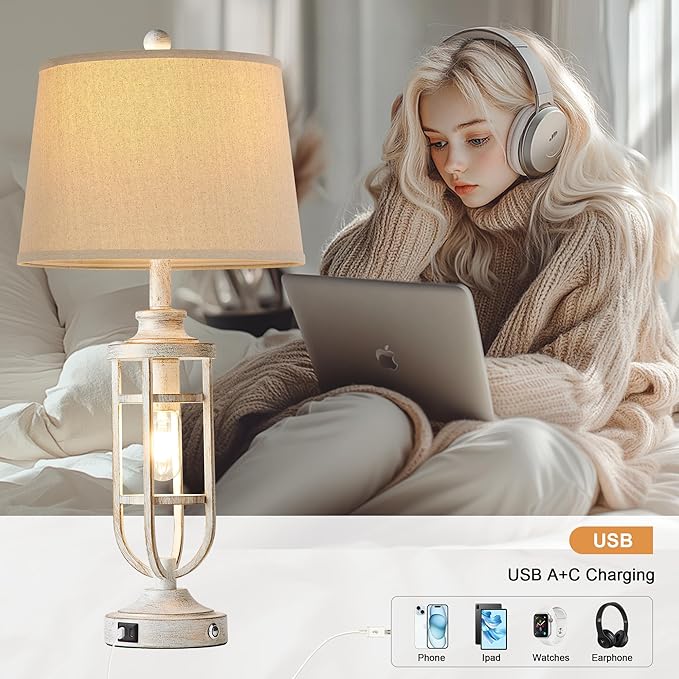 28" Table Lamps for Living Room Set of 2, Farmhouse Touch Lamps for Nightstand with USB A+C, Vintage Bedside Lamps for Bedroom End Tables, Bulbs Included - Bloomnest
