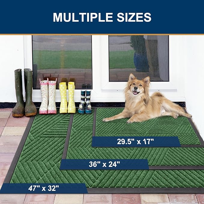 Smiry Front Door Mat Outside Entrance, Heavy Duty Sturdy Natural Rubber Doormat, Trap Dirt and Moisture, Easy Clean Low Profile Mats for Indoor Outdoor Entry, Irregular Triangle (29.5x17, Green) - Bloomnest