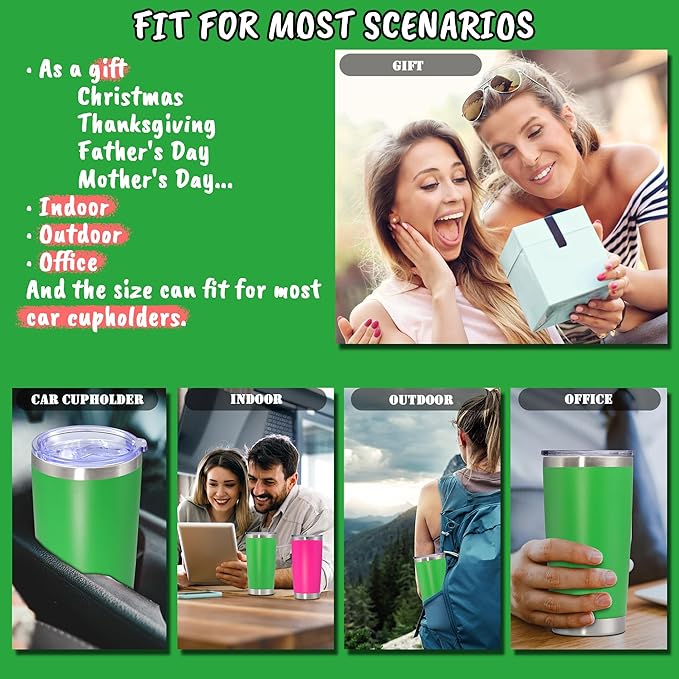 20 oz Tumbler with lid Double Wall Vacuum Insulated Tumblers Stainless Steel Coffee Mug Travel Coffee Tumbler Powder Coated Tumbler Cup Keep Hot&Cold - (Green 12 Pack)