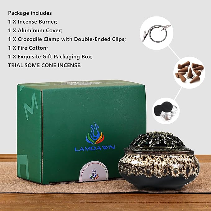 Incense Burner with Calabash Incense Stick Holder - Porcelain Charcoal Censer for Use with Resin Granular Powder Cone or Coil Incense (Fambe Gray) - Bloomnest