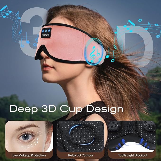 3D Sleep Mask with Bluetooth Headphones, Sleeping Headphones for Side Sleepers, Wireless Music Eye Mask with Ultra-Thin Stereo Speakers for Men, Women, Tech Gifts, Pink - Bloomnest