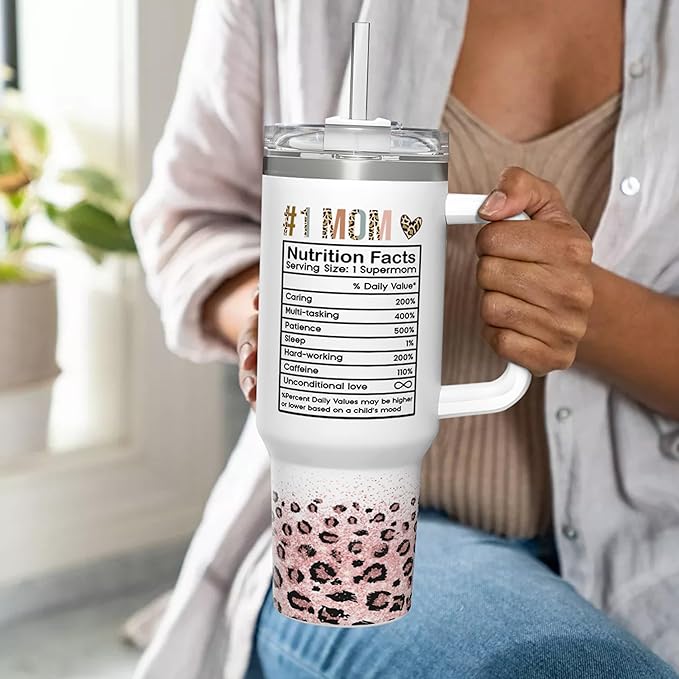 Mom Gifts for Women Mom Nutrition Facts Tumbler Stainless Steel 40oz with Handle Insulated Travel Cup Best Mom Ever Coffee Cup, Mother's Day Christmas Birthday Gifts from Son Daughter - Bloomnest
