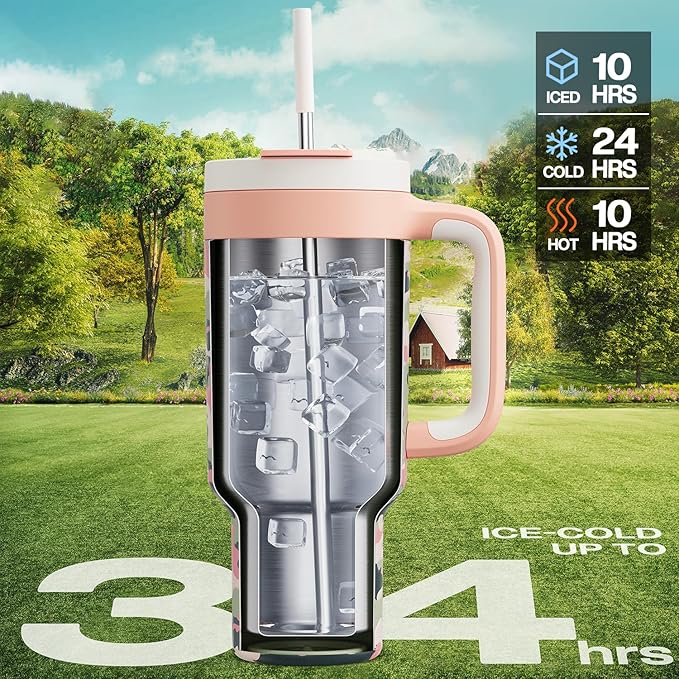 40 oz Camo Tumbler with Handle, 2-in-1 Straw and Sip Lid, Leakproof, Dishwasher Safe, Insulated Stainless Steel Travel Coffee Mug, Keeps Cold for 34 Hours, Fits in Car Cup Holder (Rose Dappled) - Bloomnest