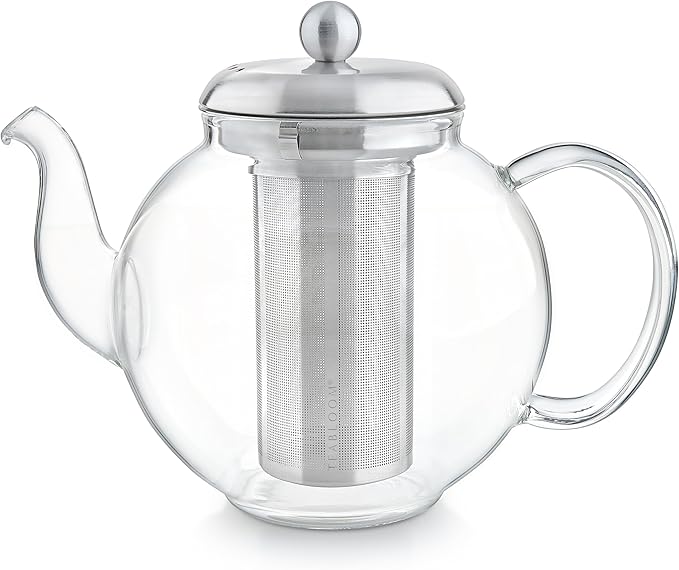 Teabloom Heritage Borosilicate Glass Teapot – 40 oz Classic Round Design with Stainless Steel Infuser – Stovetop Safe, Drip-Free Spout, Durable Heat-Resistant Tea Kettle for Loose Leaf or Teabags - Bloomnest