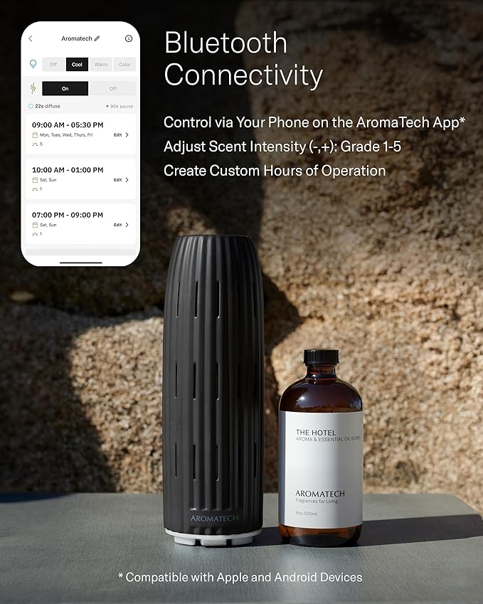 AromaTech Ambience Scent Diffuser for Essential Oil Blends & Fragrances – Waterless Scent Machine w/Bluetooth for Home, Bathroom Boutiques, Hotel, Spa – Charcoal