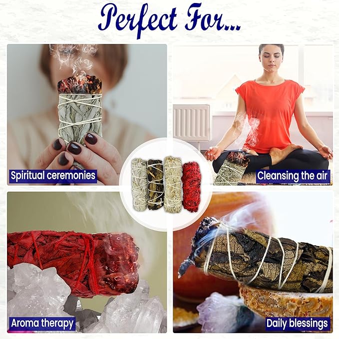 Sage Starter Kit for Cleansing Negative Energy. Variety Pack of 4 which Includes White, Black, Blue and Red Sage (Dragon Blood) - Bloomnest